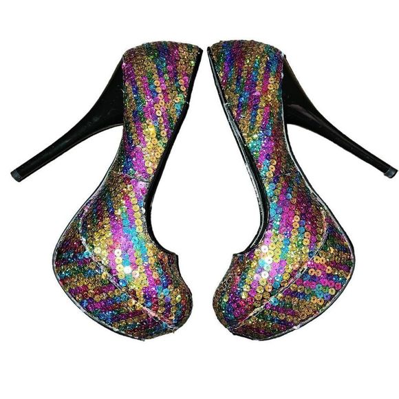 Deb Women's Multi Colored Rainbow Pride Sequin Platform Stiletto Heel Pumps Size - Picture 2 of 9